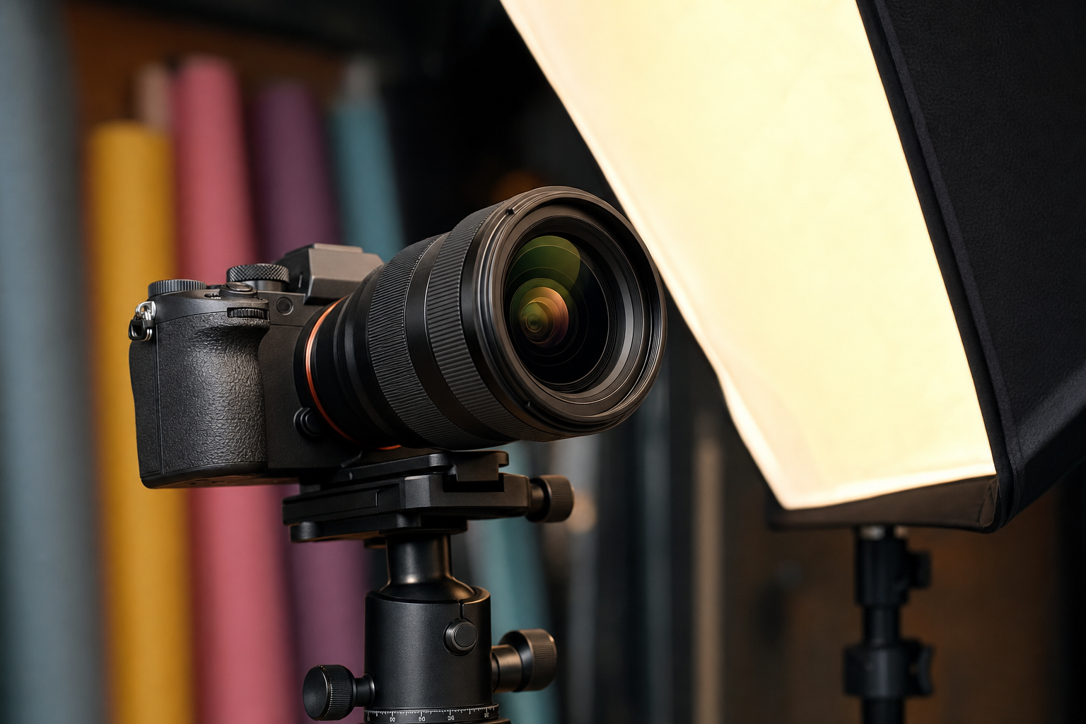 Camera and softbox lighting setup close-up
