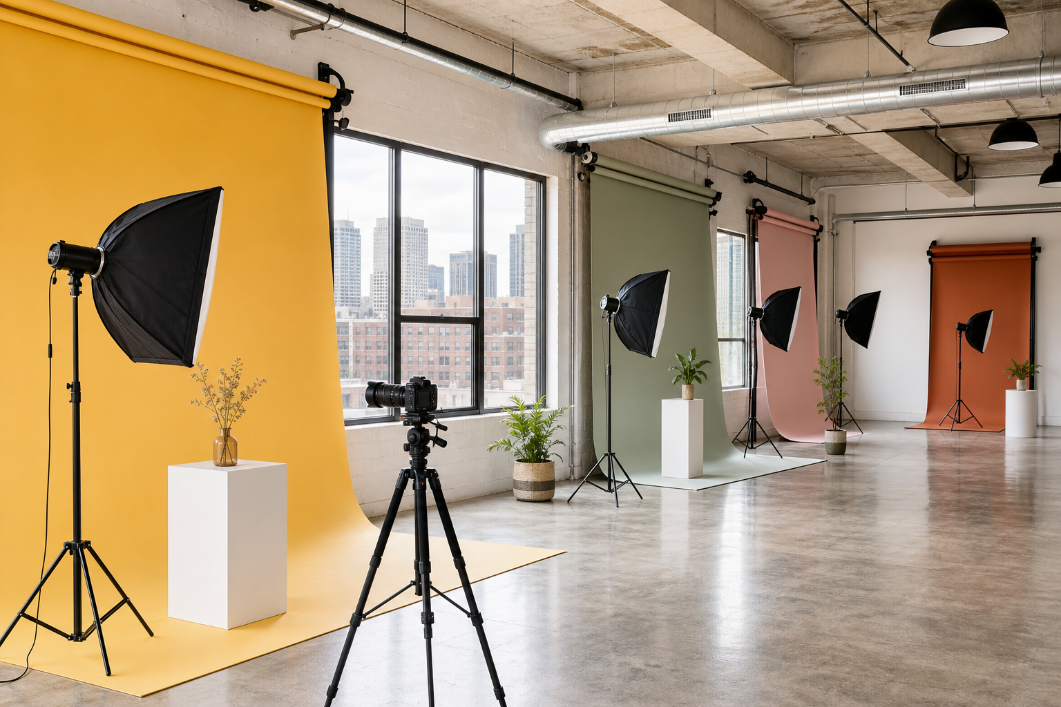 Bright product photography studio in Chicago with colorful seamless paper backdrops