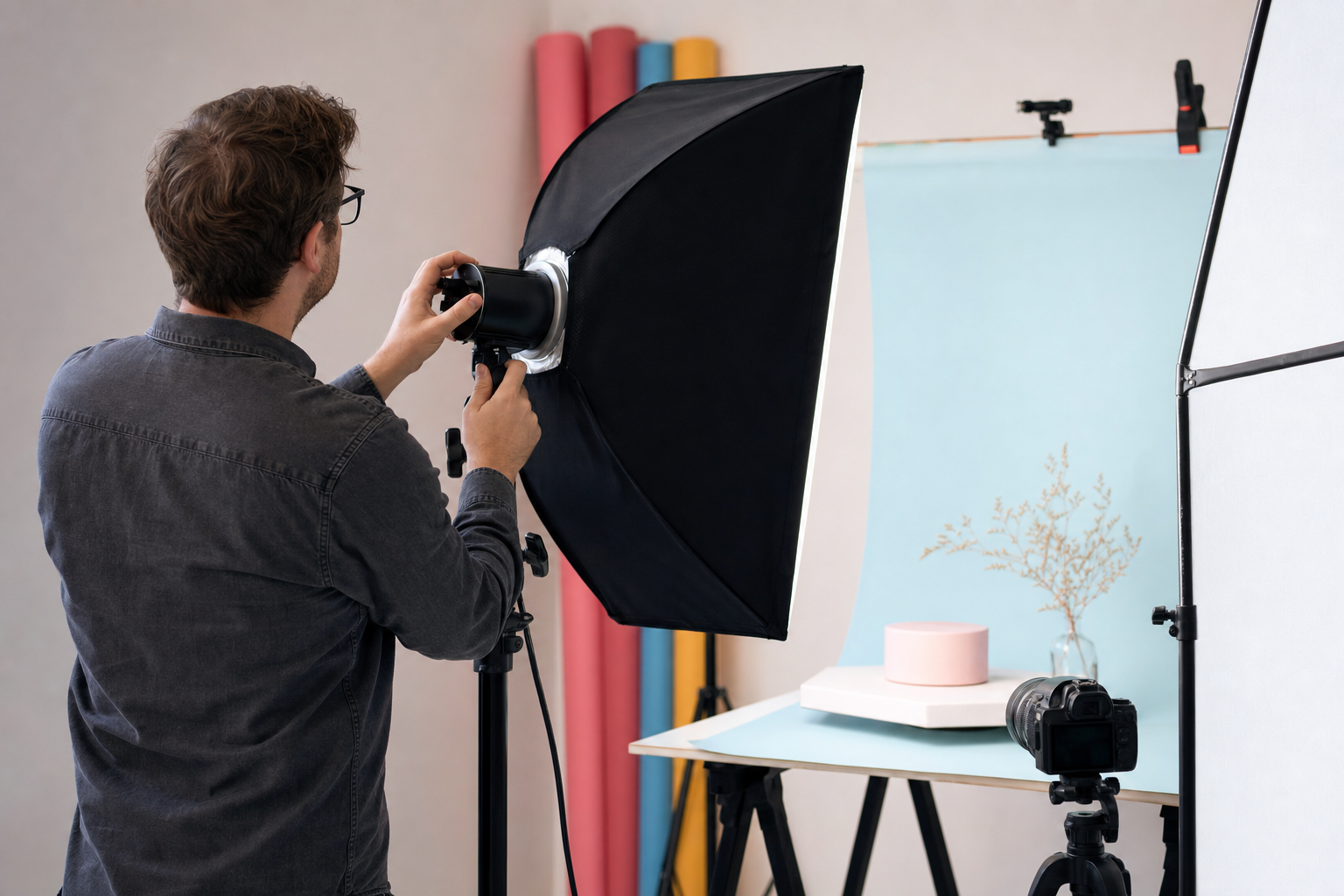 Photographer adjusting studio strobe lighting around a product shot